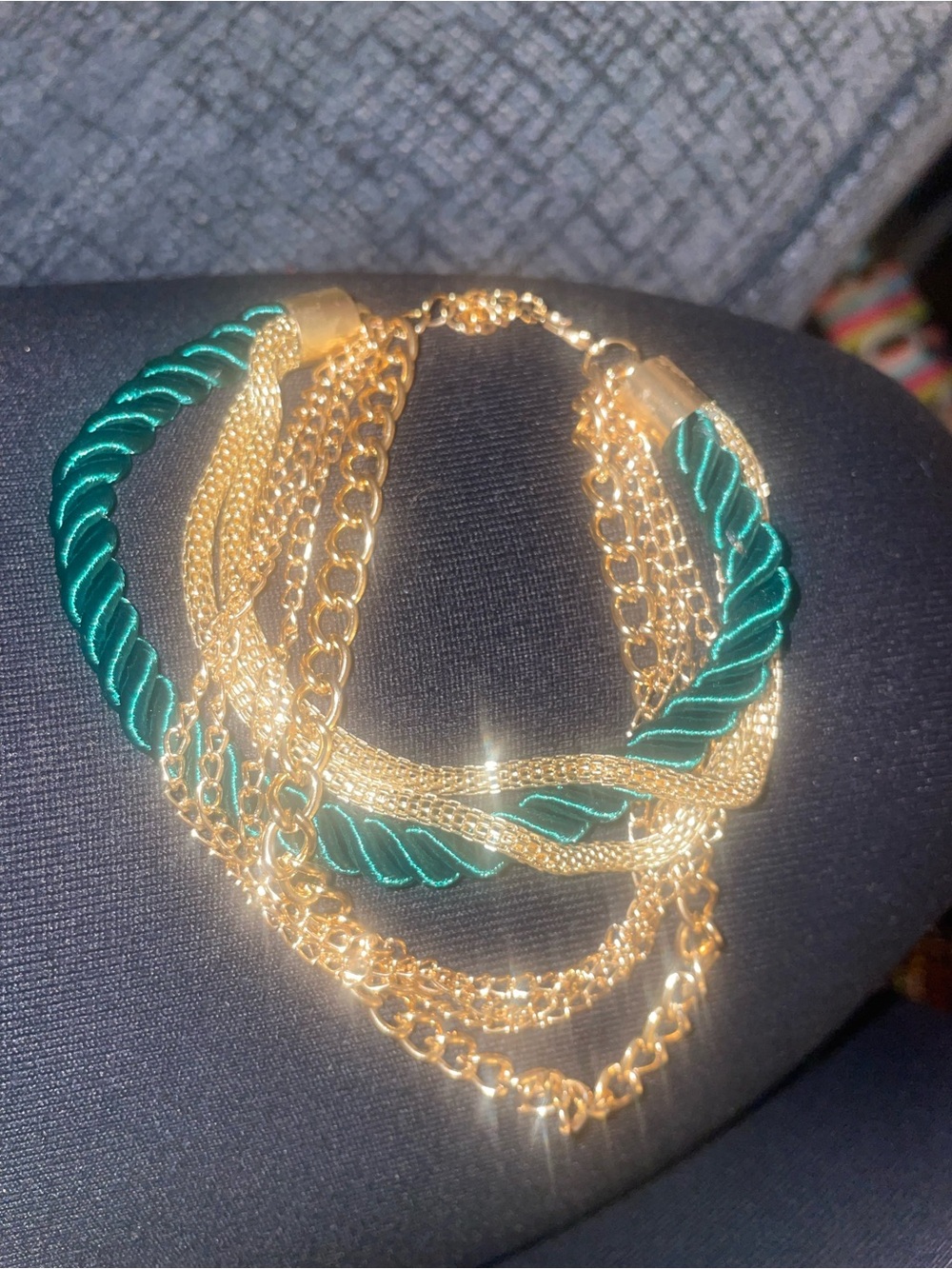 Gold Multi-Strand Chain Bracelet with Teal Rope Accent